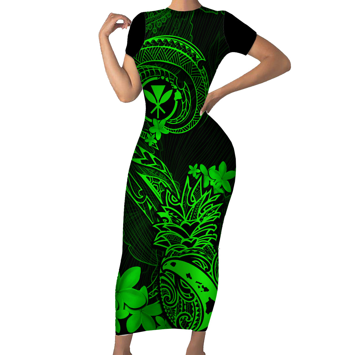 Hawaii Family Matching Short Sleeve Bodycon Dress and Hawaiian Shirt Pineapple Mix Polynesian Plumeria Green Version - Wonder Print Shop