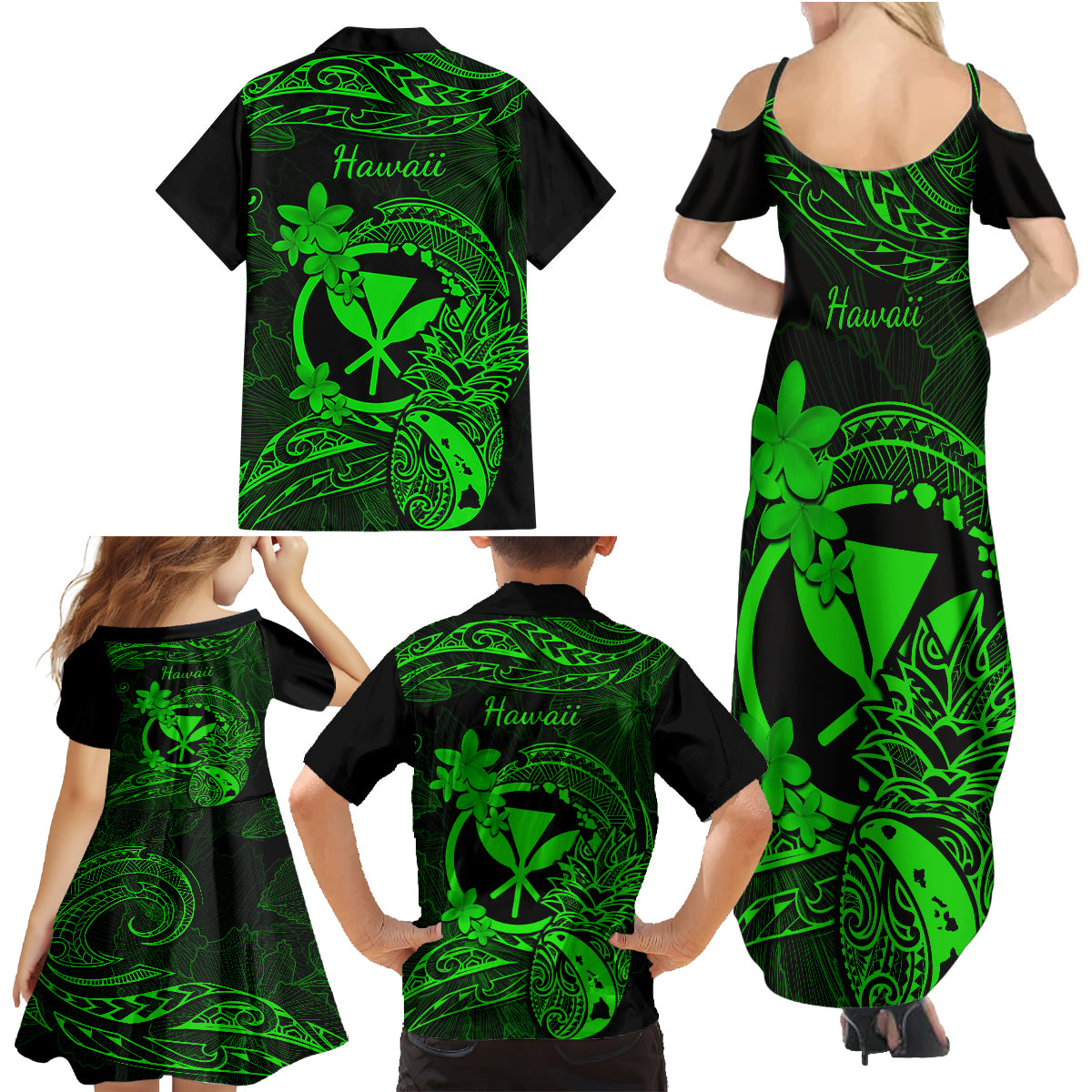 Hawaii Family Matching Summer Maxi Dress and Hawaiian Shirt Pineapple Mix Polynesian Plumeria Green Version - Wonder Print Shop
