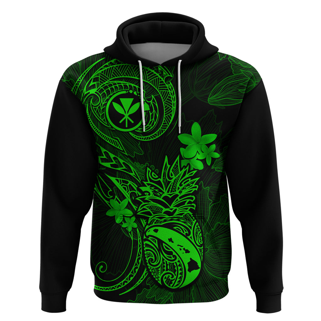 Hawaii Hoodie Pineapple Mix Polynesian Plumeria Green Version - Wonder Print Shop