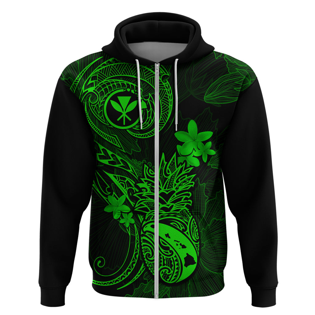 Hawaii Hoodie Pineapple Mix Polynesian Plumeria Green Version - Wonder Print Shop