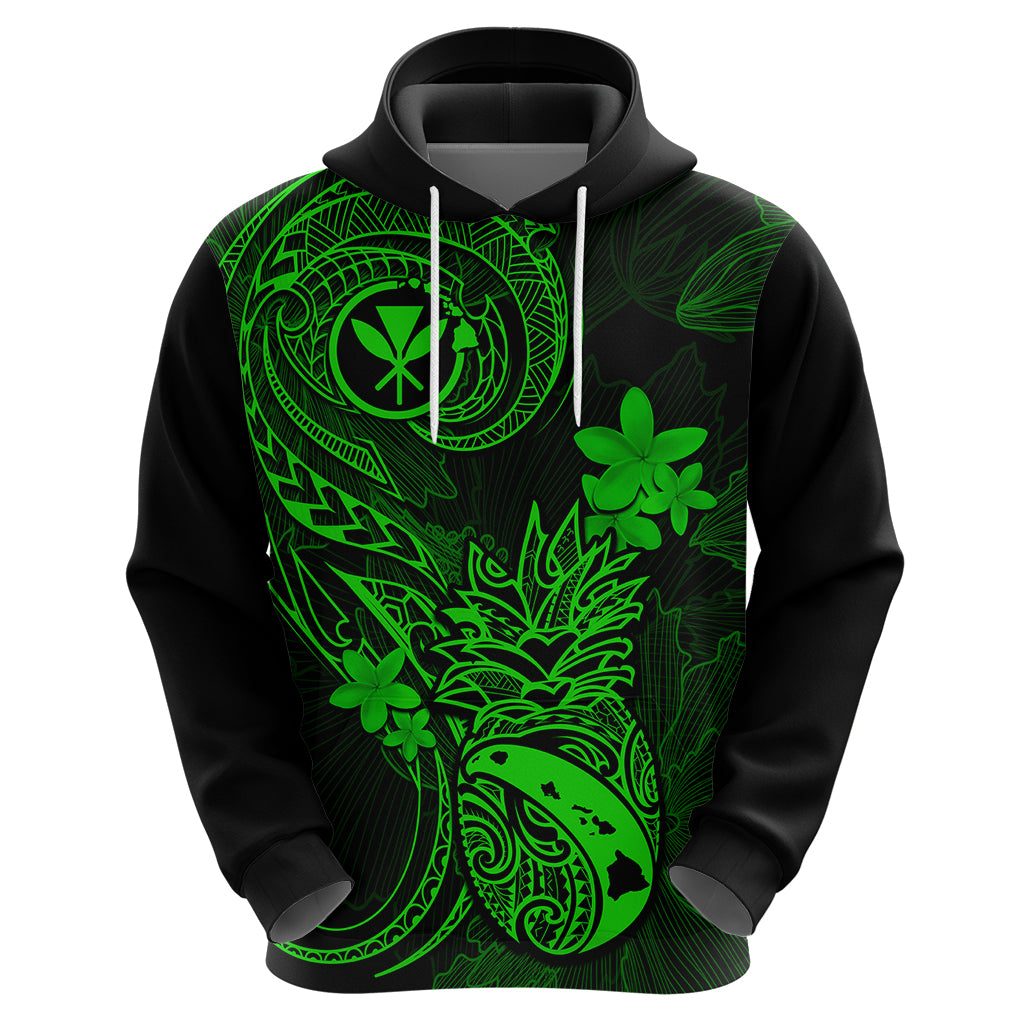 Hawaii Hoodie Pineapple Mix Polynesian Plumeria Green Version - Wonder Print Shop