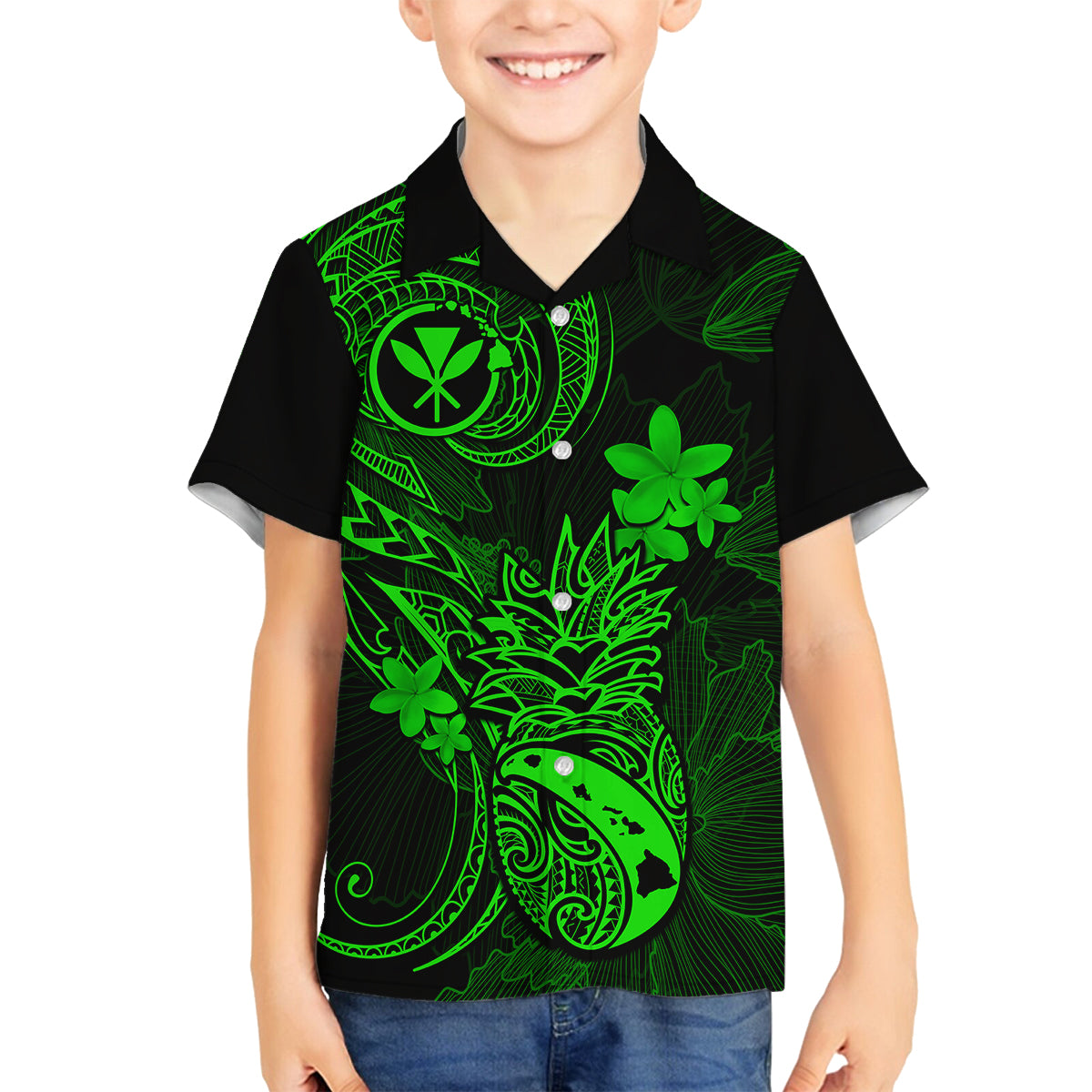 Hawaii Kid Hawaiian Shirt Pineapple Mix Polynesian Plumeria Green Version - Wonder Print Shop
