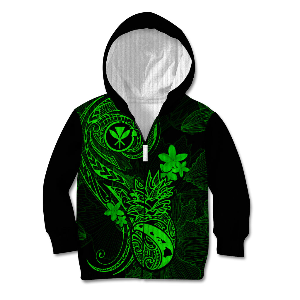 Hawaii Kid Hoodie Pineapple Mix Polynesian Plumeria Green Version - Wonder Print Shop