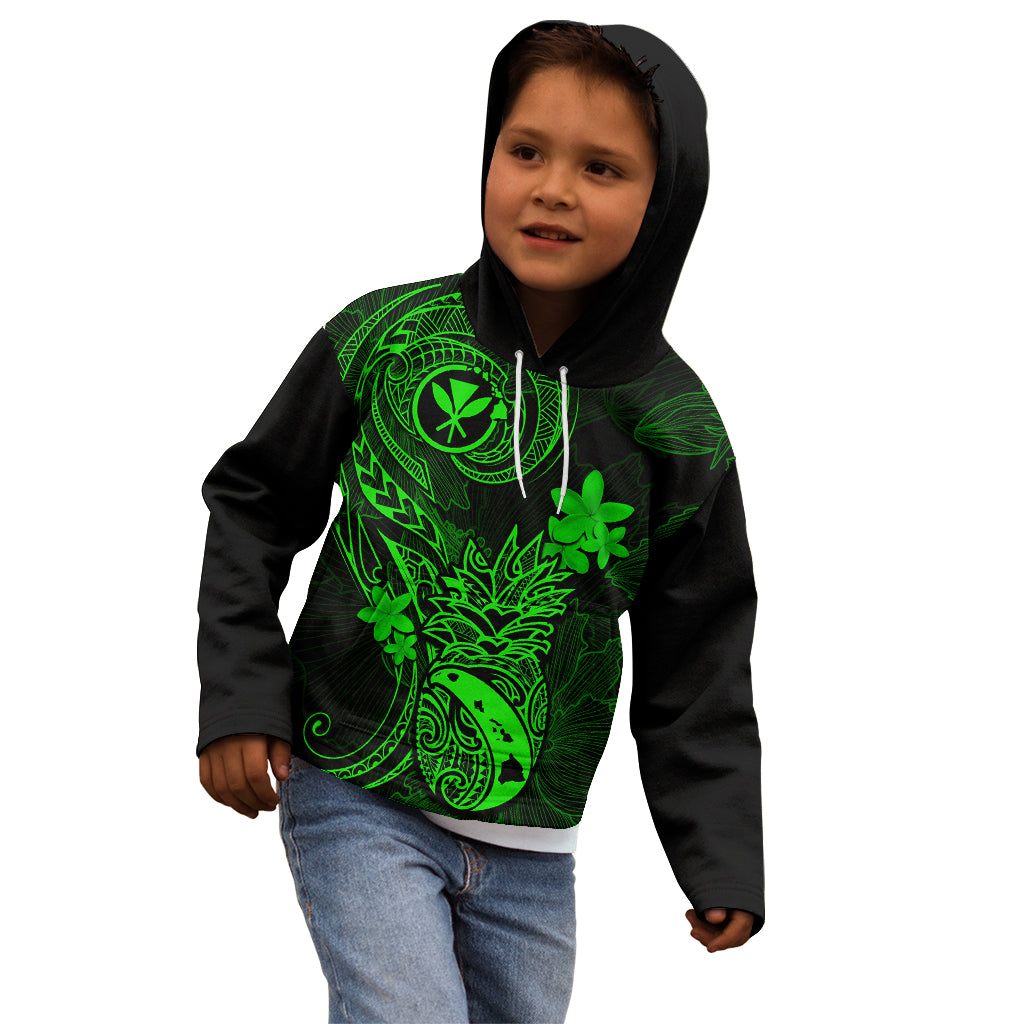 Hawaii Kid Hoodie Pineapple Mix Polynesian Plumeria Green Version - Wonder Print Shop