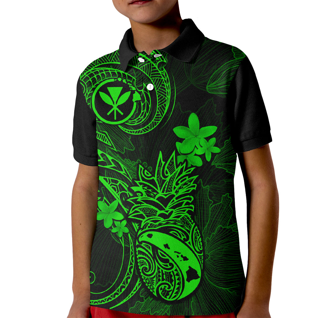 Hawaii Kid Polo Shirt Pineapple Mix Polynesian Plumeria Green Version - Wonder Print Shop