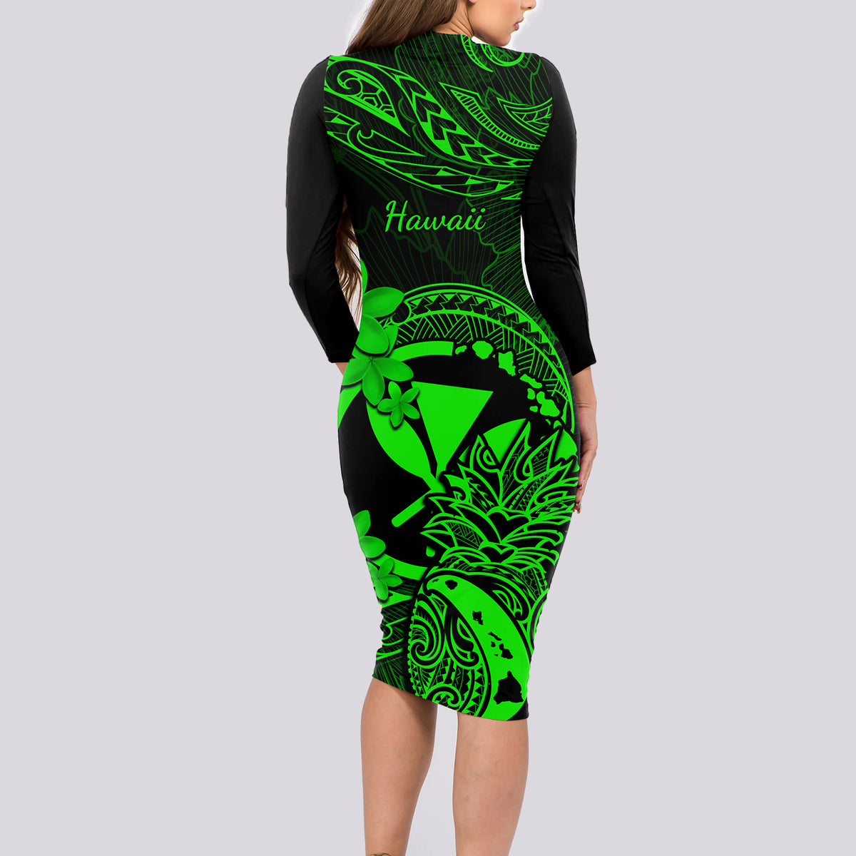 Hawaii Long Sleeve Bodycon Dress Pineapple Mix Polynesian Plumeria Green Version - Wonder Print Shop