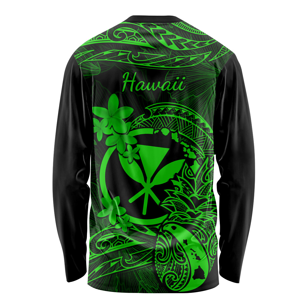 Hawaii Long Sleeve Shirt Pineapple Mix Polynesian Plumeria Green Version - Wonder Print Shop