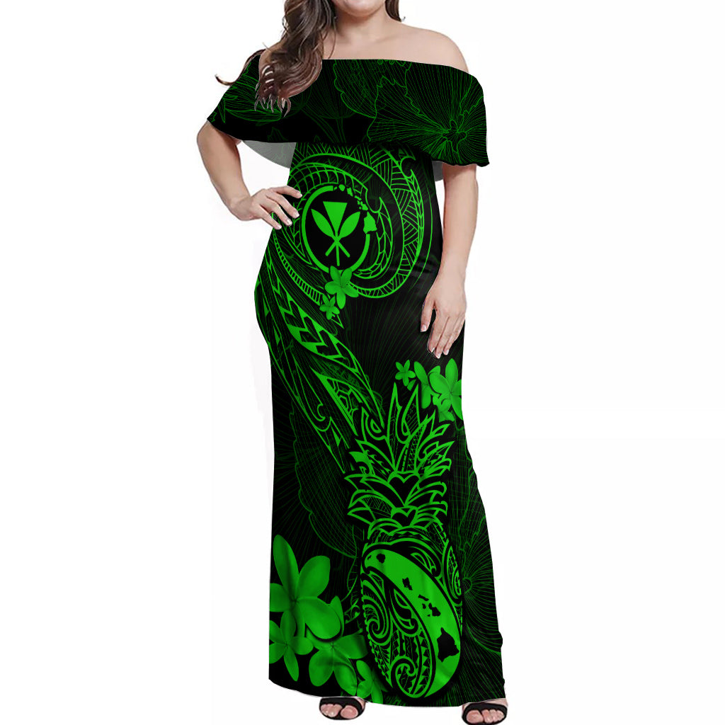 Hawaii Off Shoulder Maxi Dress Pineapple Mix Polynesian Plumeria Green Version - Wonder Print Shop