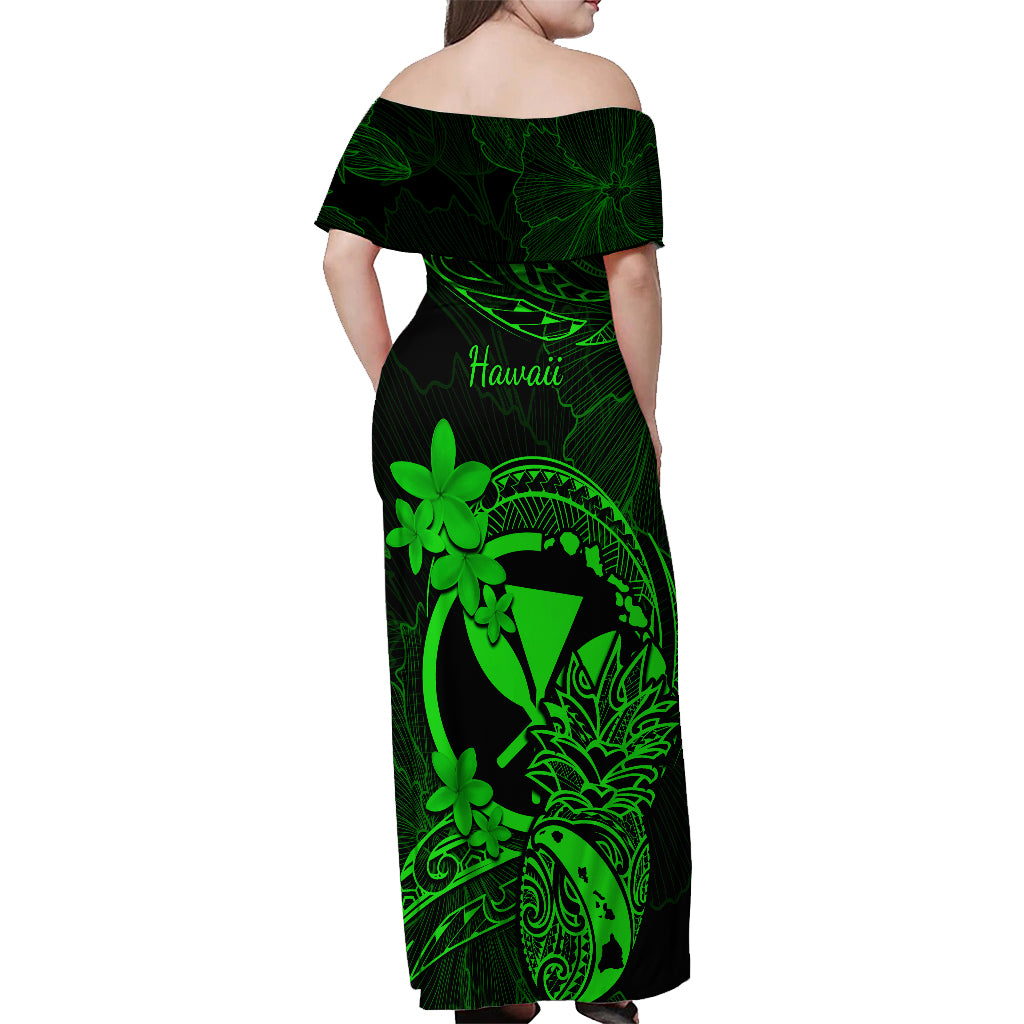 Hawaii Off Shoulder Maxi Dress Pineapple Mix Polynesian Plumeria Green Version - Wonder Print Shop