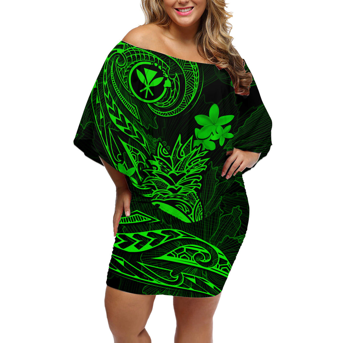 Hawaii Off Shoulder Short Dress Pineapple Mix Polynesian Plumeria Green Version - Wonder Print Shop