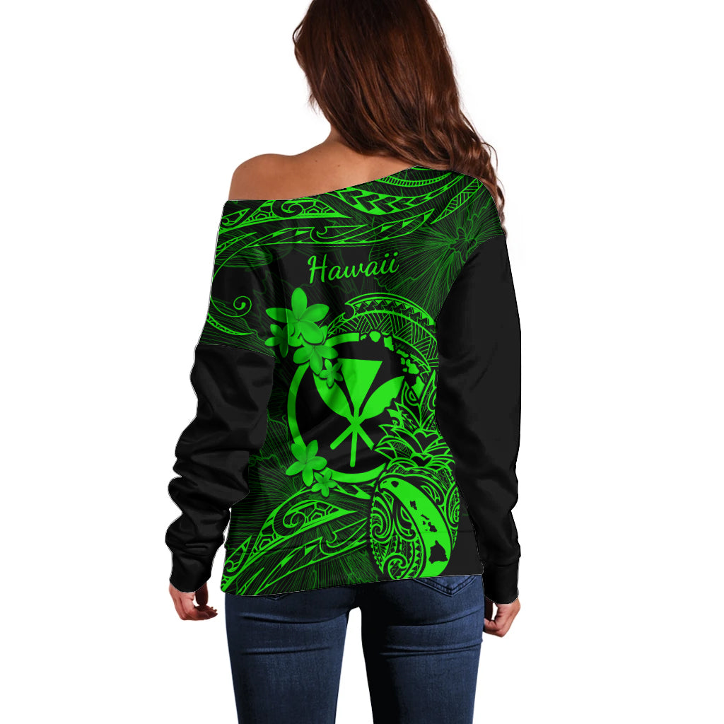 Hawaii Off Shoulder Sweater Pineapple Mix Polynesian Plumeria Green Version - Wonder Print Shop