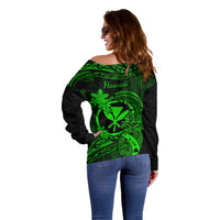 Hawaii Off Shoulder Sweater Pineapple Mix Polynesian Plumeria Green Version - Wonder Print Shop