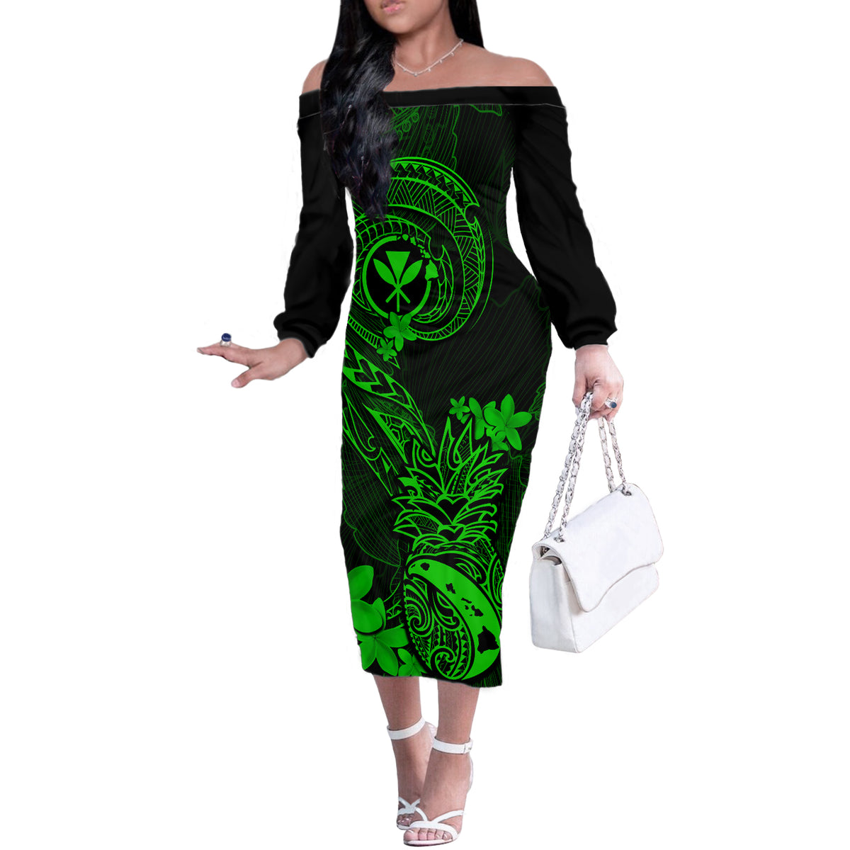 Hawaii Off The Shoulder Long Sleeve Dress Pineapple Mix Polynesian Plumeria Green Version - Wonder Print Shop