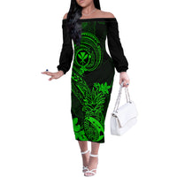 Hawaii Off The Shoulder Long Sleeve Dress Pineapple Mix Polynesian Plumeria Green Version - Wonder Print Shop