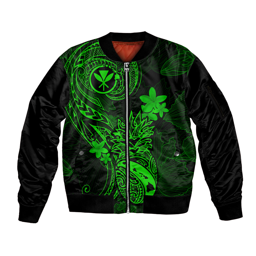 Hawaii Sleeve Zip Bomber Jacket Pineapple Mix Polynesian Plumeria Green Version - Wonder Print Shop