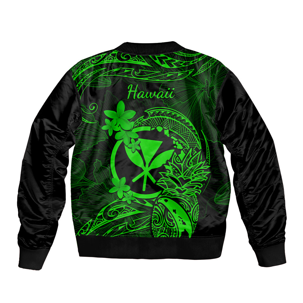 Hawaii Sleeve Zip Bomber Jacket Pineapple Mix Polynesian Plumeria Green Version - Wonder Print Shop