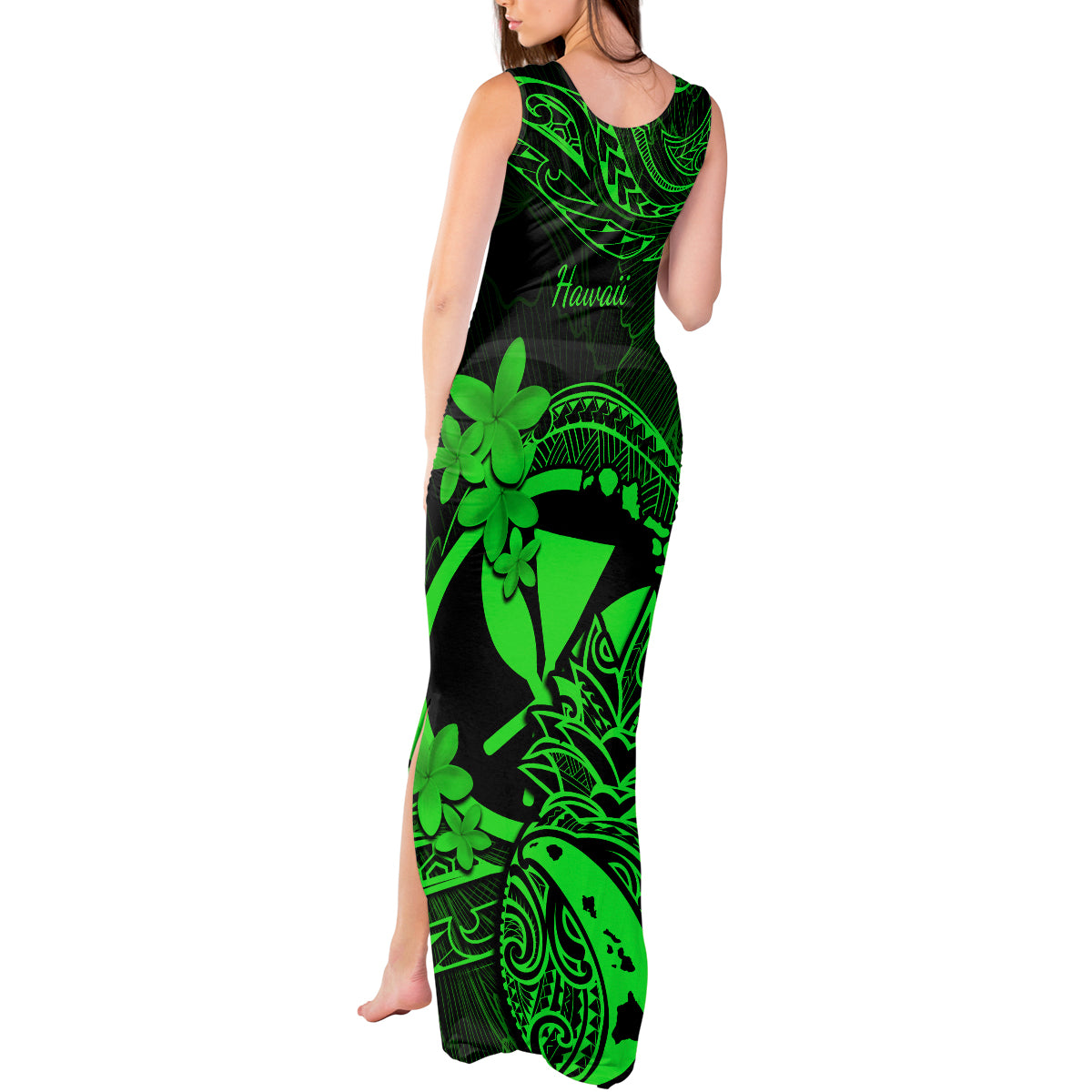 Hawaii Tank Maxi Dress Pineapple Mix Polynesian Plumeria Green Version - Wonder Print Shop