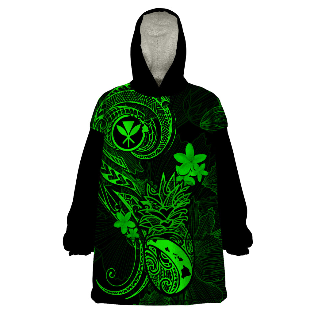 Hawaii Wearable Blanket Hoodie Pineapple Mix Polynesian Plumeria Green Version - Wonder Print Shop