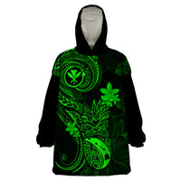 Hawaii Wearable Blanket Hoodie Pineapple Mix Polynesian Plumeria Green Version - Wonder Print Shop