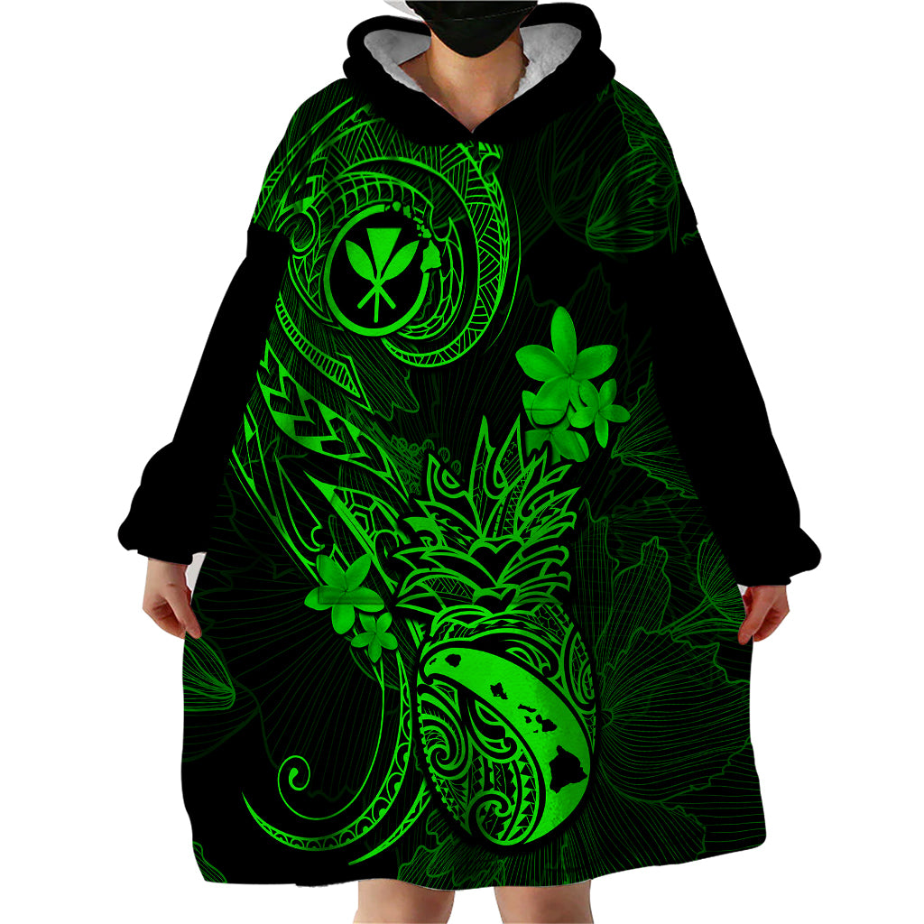 Hawaii Wearable Blanket Hoodie Pineapple Mix Polynesian Plumeria Green Version - Wonder Print Shop