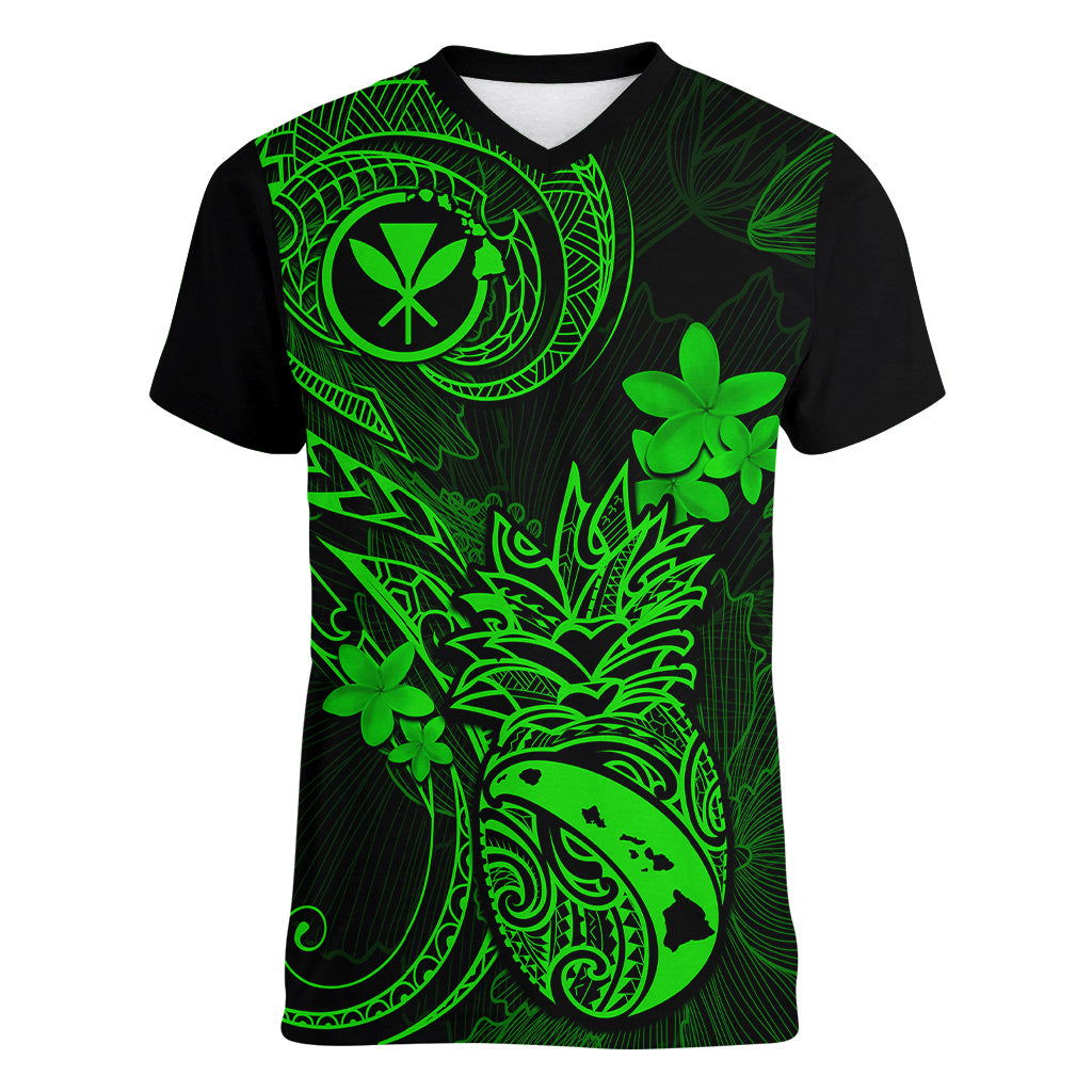 Hawaii Women V Neck T Shirt Pineapple Mix Polynesian Plumeria Green Version - Wonder Print Shop