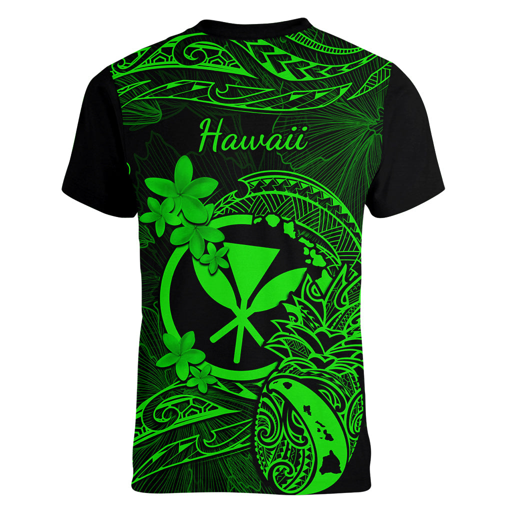 Hawaii Women V Neck T Shirt Pineapple Mix Polynesian Plumeria Green Version - Wonder Print Shop