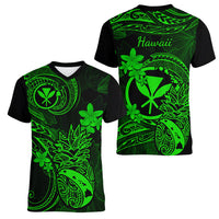 Hawaii Women V Neck T Shirt Pineapple Mix Polynesian Plumeria Green Version - Wonder Print Shop
