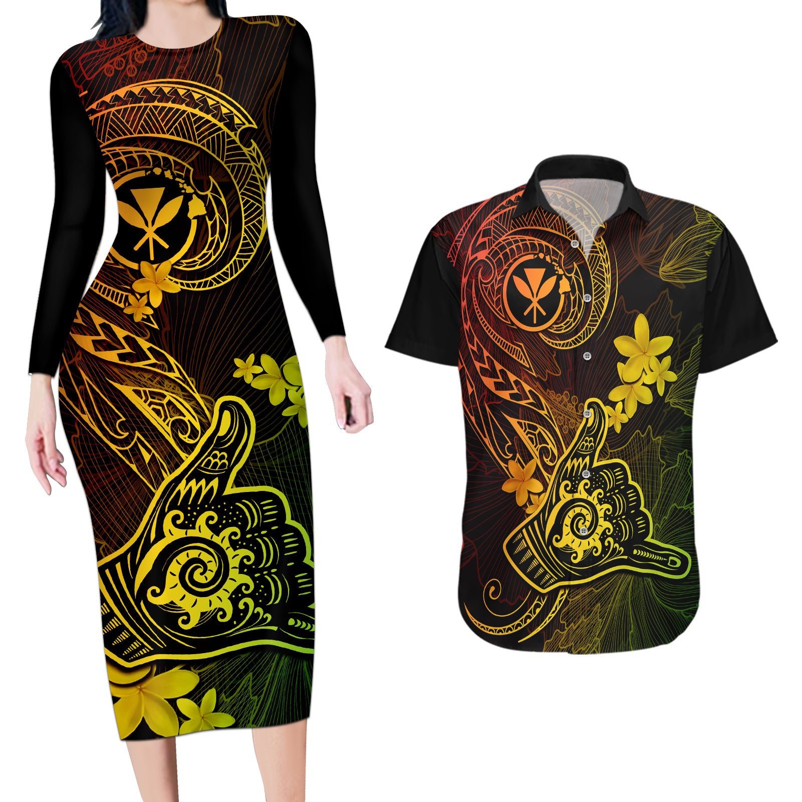 Hawaii Couples Matching Long Sleeve Bodycon Dress and Hawaiian Shirt Shaka Tattoo Mix Polynesian Plumeria Reggae Version - Wonder Print Shop