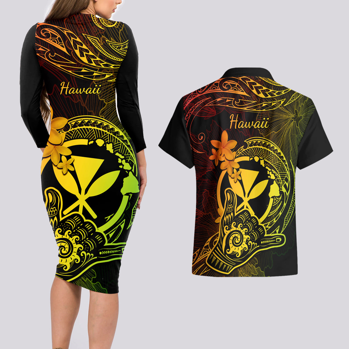 Hawaii Couples Matching Long Sleeve Bodycon Dress and Hawaiian Shirt Shaka Tattoo Mix Polynesian Plumeria Reggae Version - Wonder Print Shop