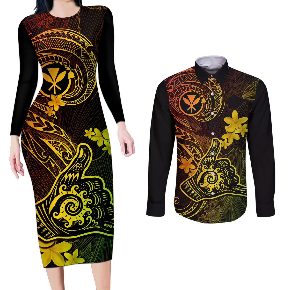 Hawaii Couples Matching Long Sleeve Bodycon Dress and Long Sleeve Button Shirts Shaka Tattoo Mix Polynesian Plumeria Reggae Version - Wonder Print Shop