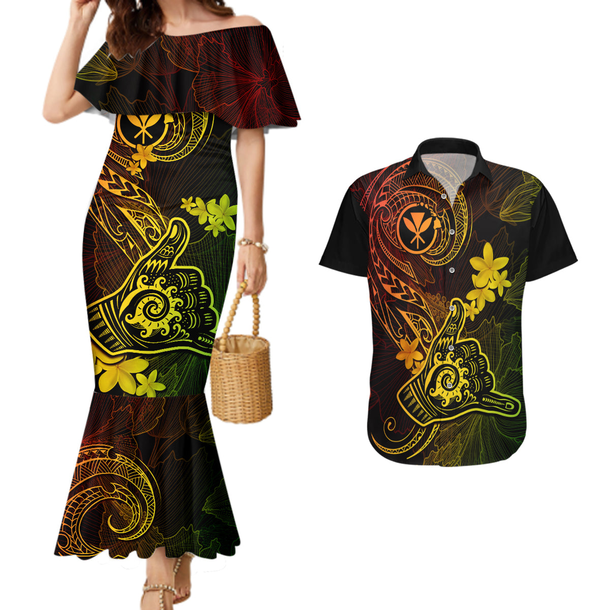 Hawaii Couples Matching Mermaid Dress and Hawaiian Shirt Shaka Tattoo Mix Polynesian Plumeria Reggae Version - Wonder Print Shop