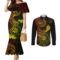 hawaii-couples-matching-mermaid-dress-and-long-sleeve-button-shirts-shaka-tattoo-mix-polynesian-plumeria-reggae-version