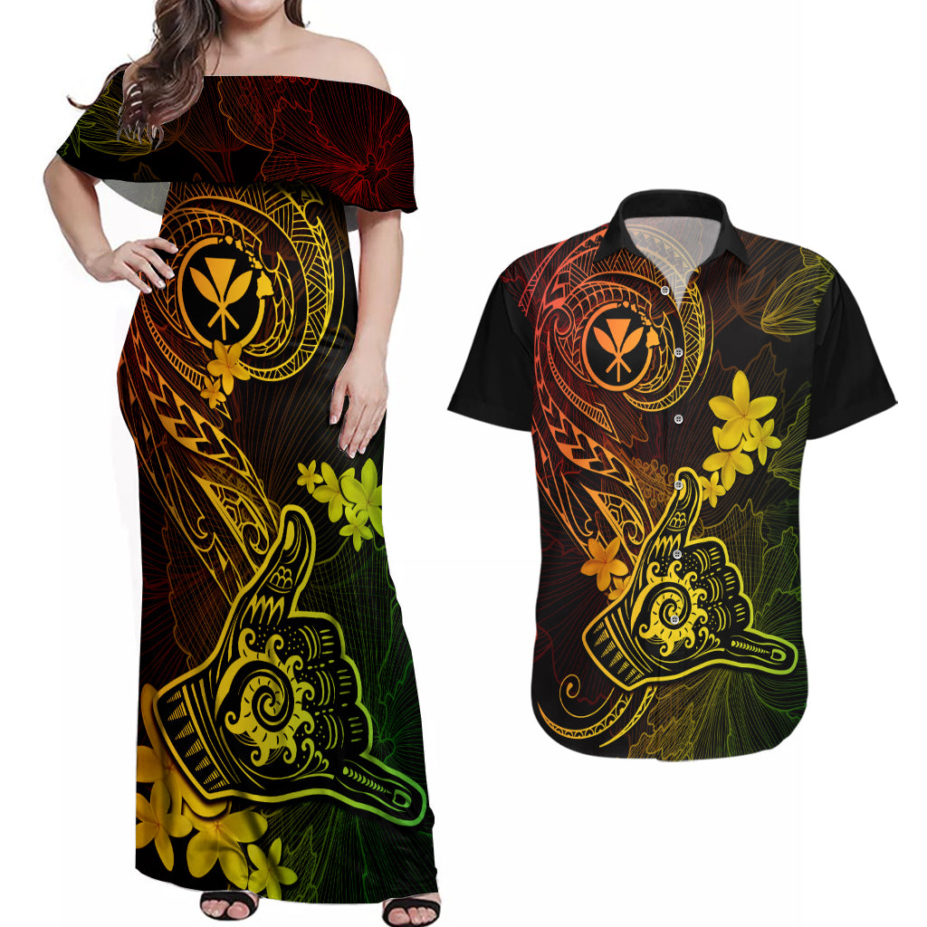 Hawaii Couples Matching Off Shoulder Maxi Dress and Hawaiian Shirt Shaka Tattoo Mix Polynesian Plumeria Reggae Version - Wonder Print Shop