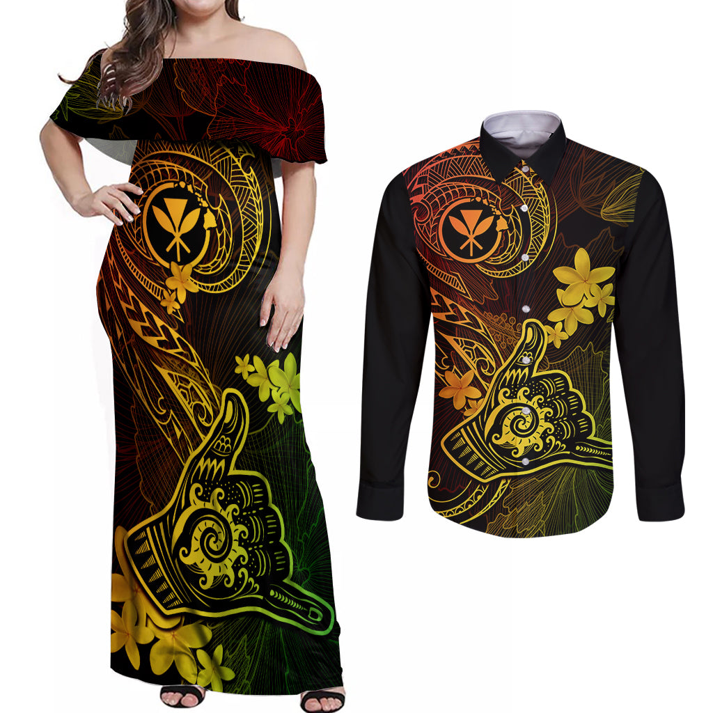 Hawaii Couples Matching Off Shoulder Maxi Dress and Long Sleeve Button Shirts Shaka Tattoo Mix Polynesian Plumeria Reggae Version - Wonder Print Shop