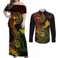 Hawaii Couples Matching Off Shoulder Maxi Dress and Long Sleeve Button Shirts Shaka Tattoo Mix Polynesian Plumeria Reggae Version - Wonder Print Shop