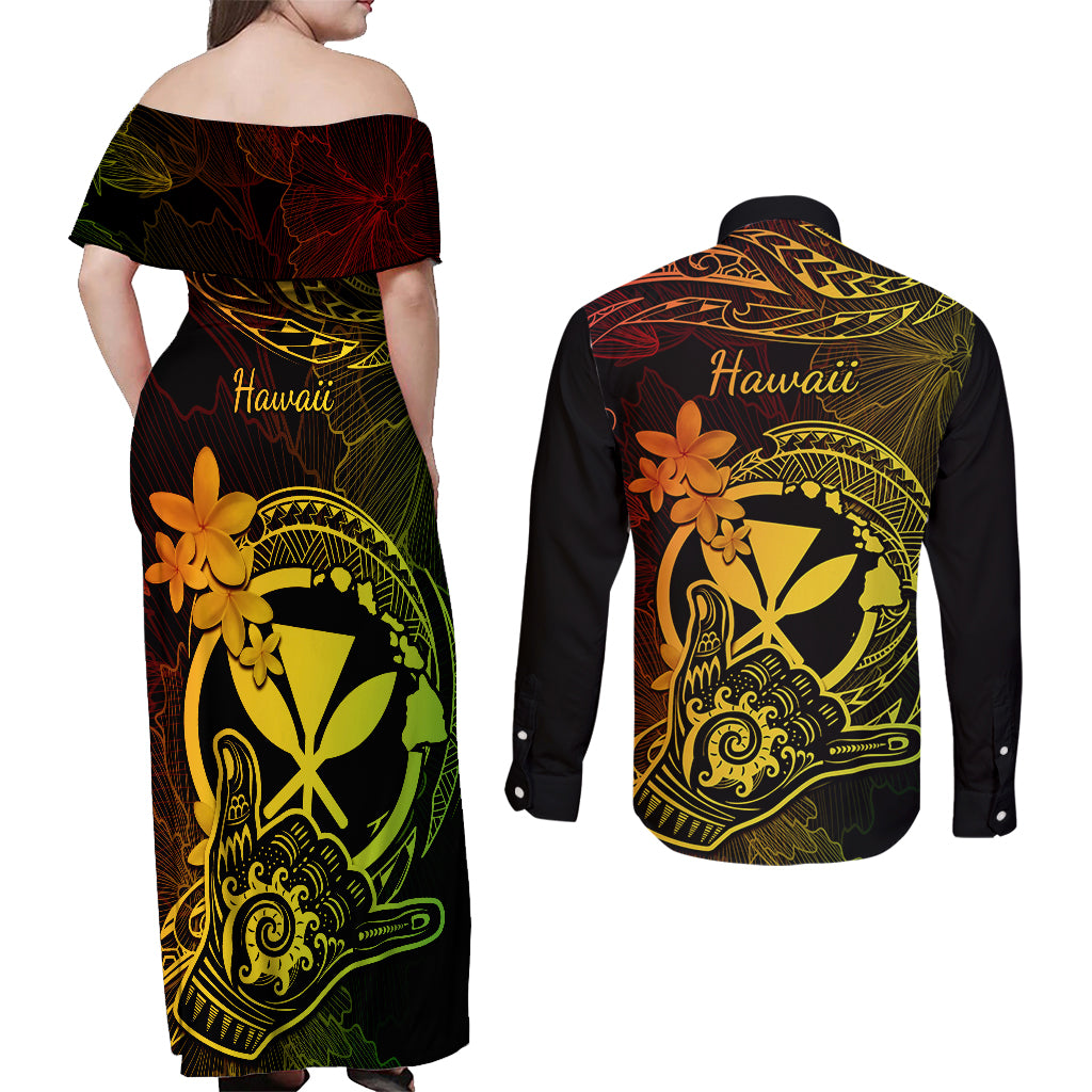 Hawaii Couples Matching Off Shoulder Maxi Dress and Long Sleeve Button Shirts Shaka Tattoo Mix Polynesian Plumeria Reggae Version - Wonder Print Shop