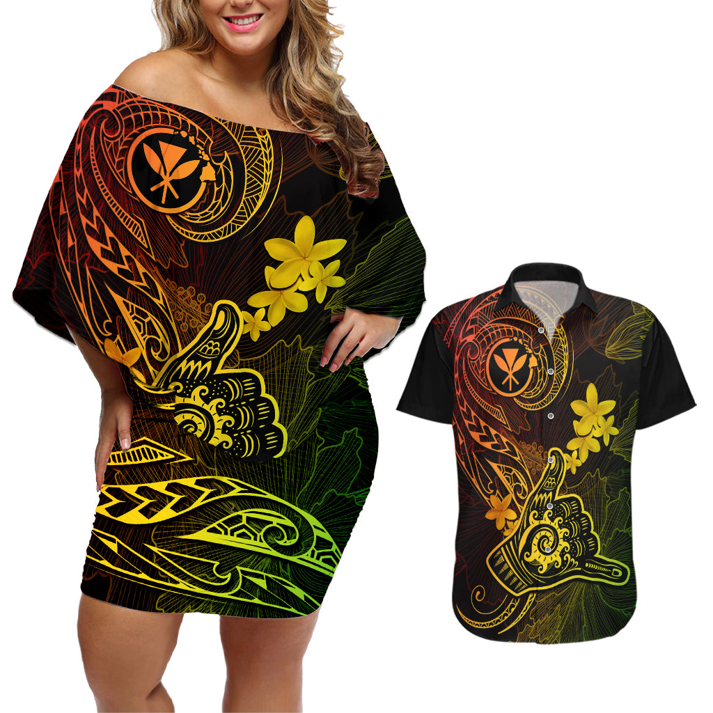Hawaii Couples Matching Off Shoulder Short Dress and Hawaiian Shirt Shaka Tattoo Mix Polynesian Plumeria Reggae Version - Wonder Print Shop