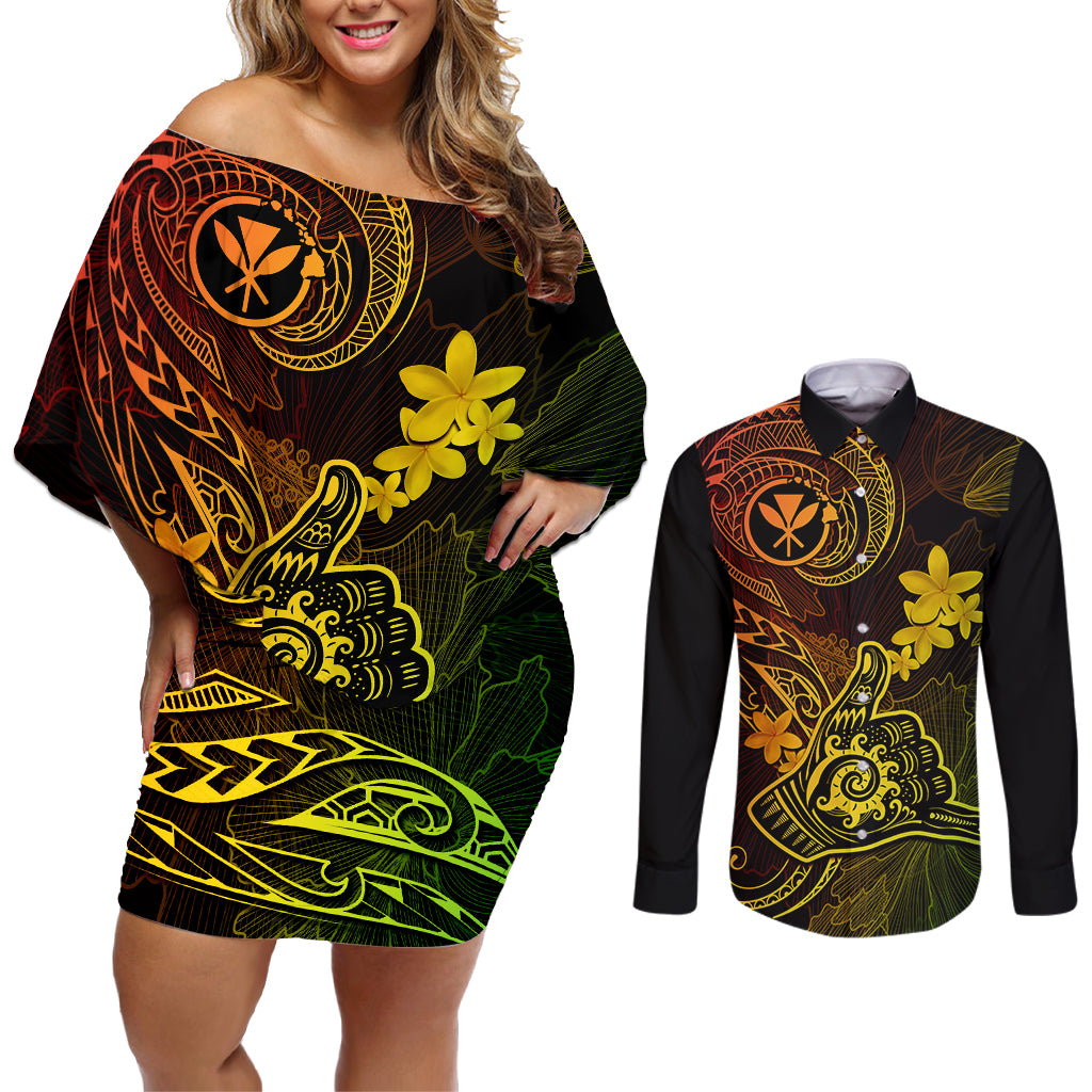 Hawaii Couples Matching Off Shoulder Short Dress and Long Sleeve Button Shirts Shaka Tattoo Mix Polynesian Plumeria Reggae Version - Wonder Print Shop