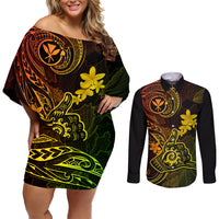 Hawaii Couples Matching Off Shoulder Short Dress and Long Sleeve Button Shirts Shaka Tattoo Mix Polynesian Plumeria Reggae Version - Wonder Print Shop