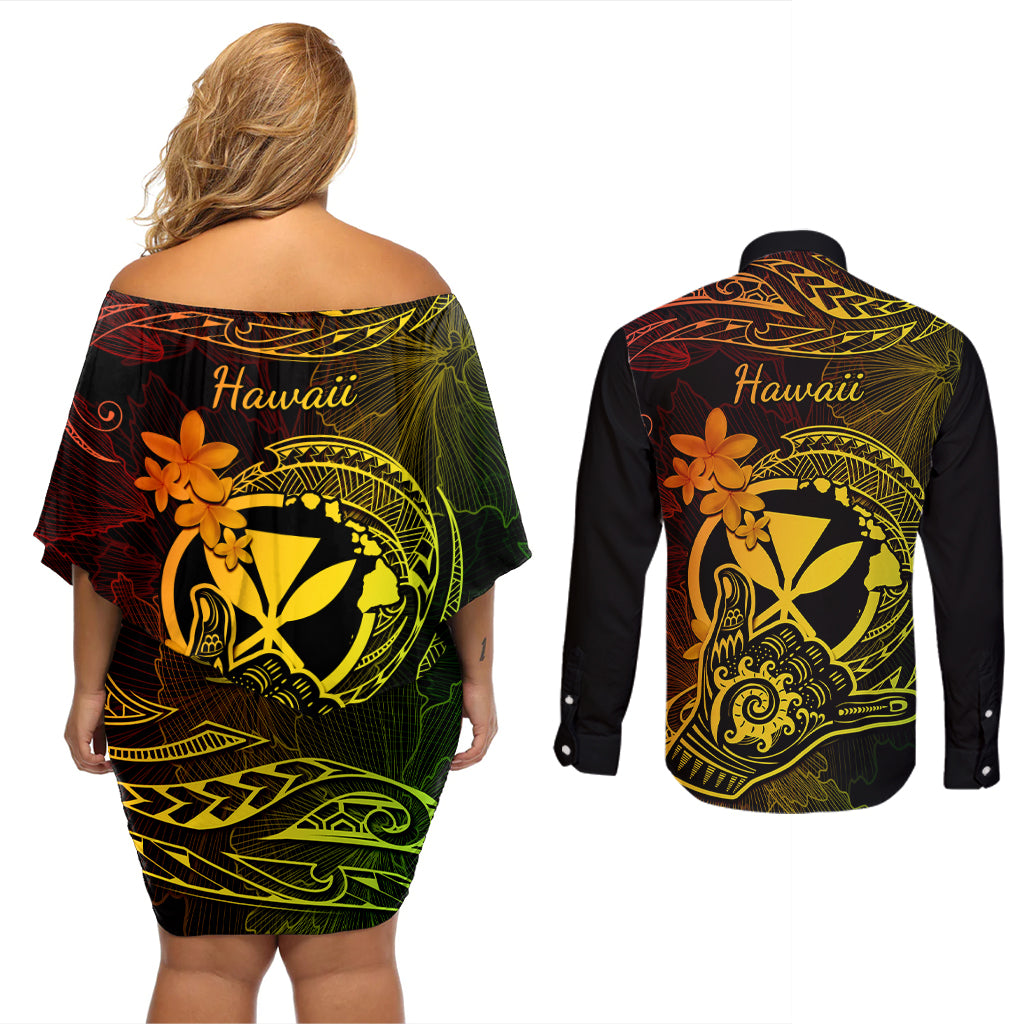 Hawaii Couples Matching Off Shoulder Short Dress and Long Sleeve Button Shirts Shaka Tattoo Mix Polynesian Plumeria Reggae Version - Wonder Print Shop