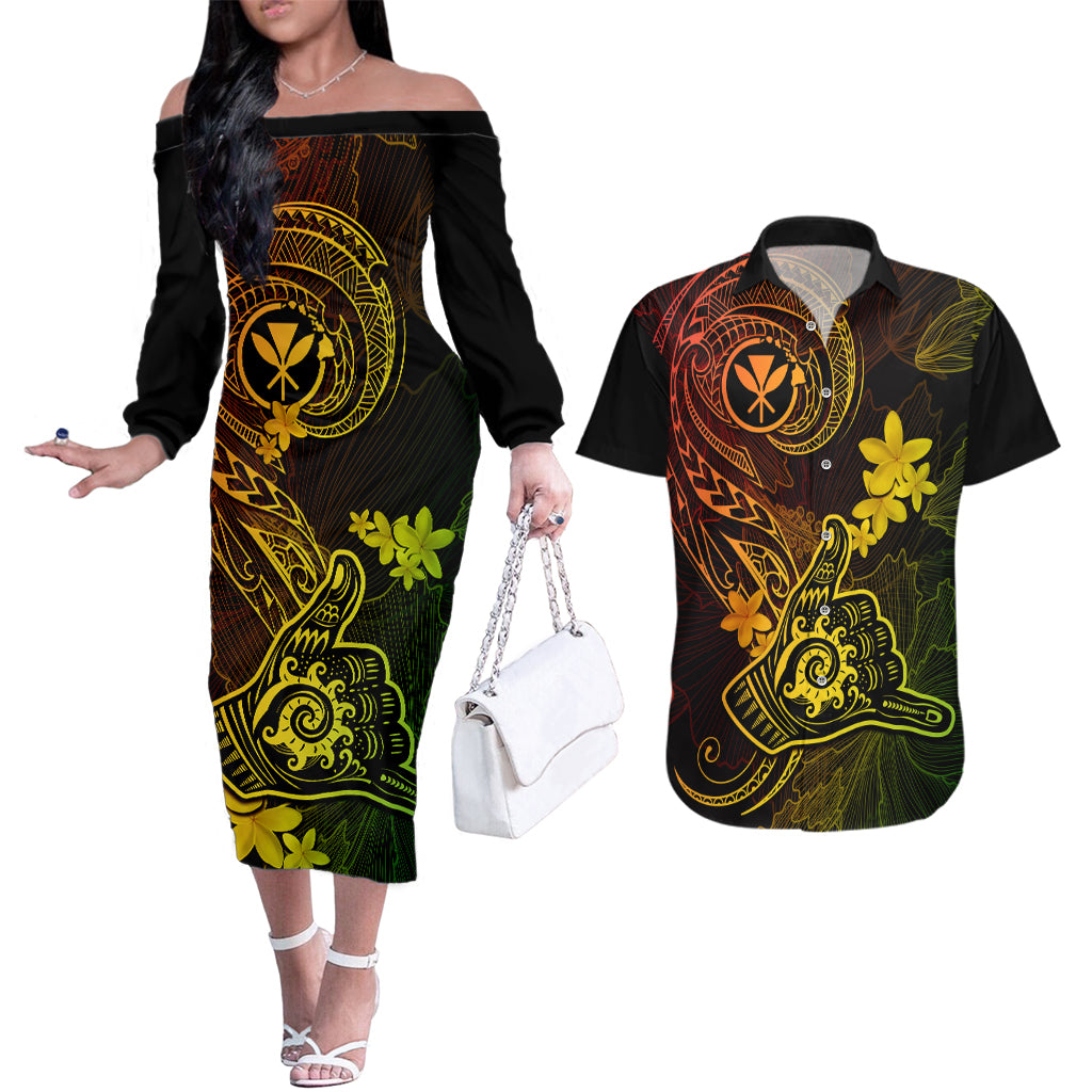 Hawaii Couples Matching Off The Shoulder Long Sleeve Dress and Hawaiian Shirt Shaka Tattoo Mix Polynesian Plumeria Reggae Version - Wonder Print Shop