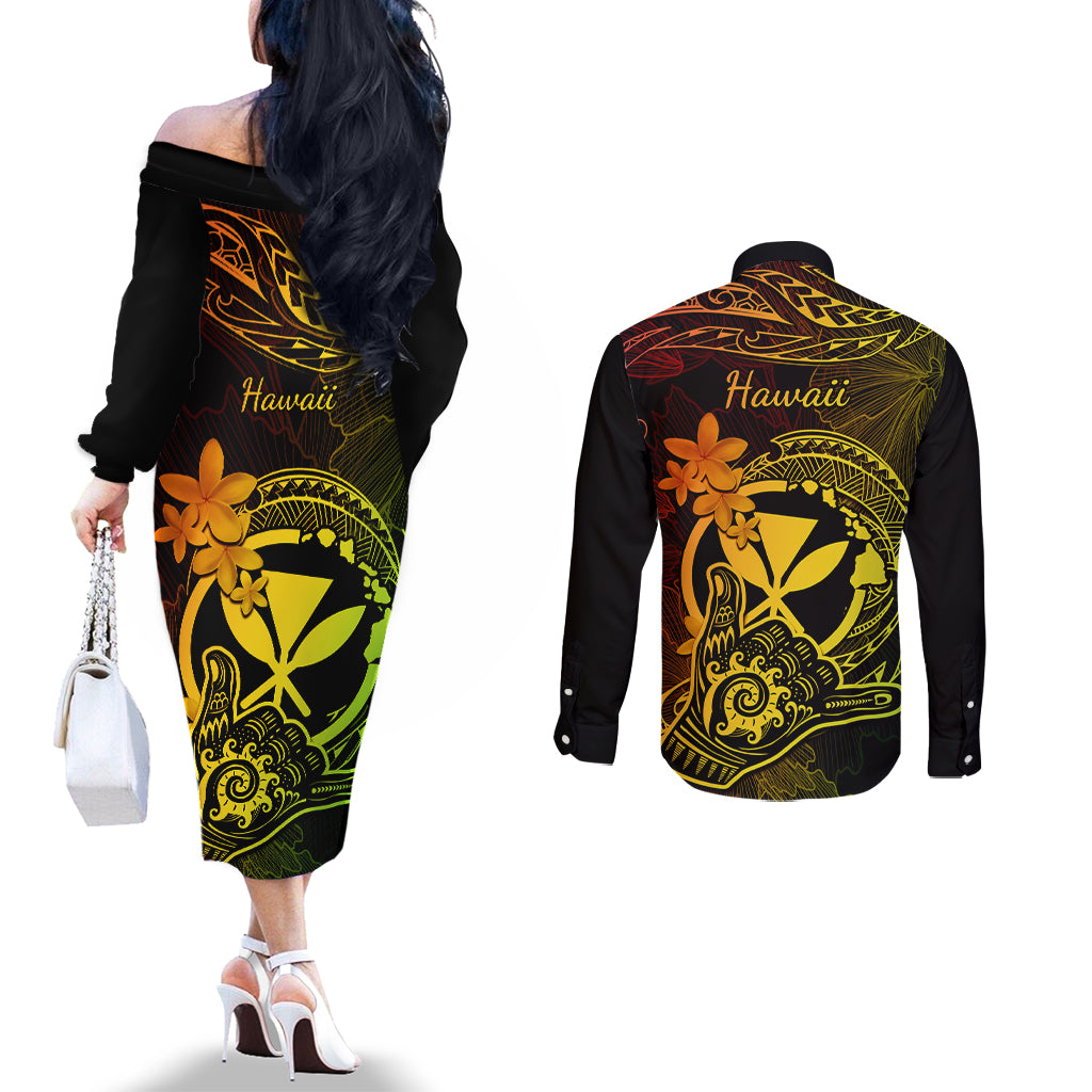 hawaii-couples-matching-off-the-shoulder-long-sleeve-dress-and-long-sleeve-button-shirts-shaka-tattoo-mix-polynesian-plumeria-reggae-version
