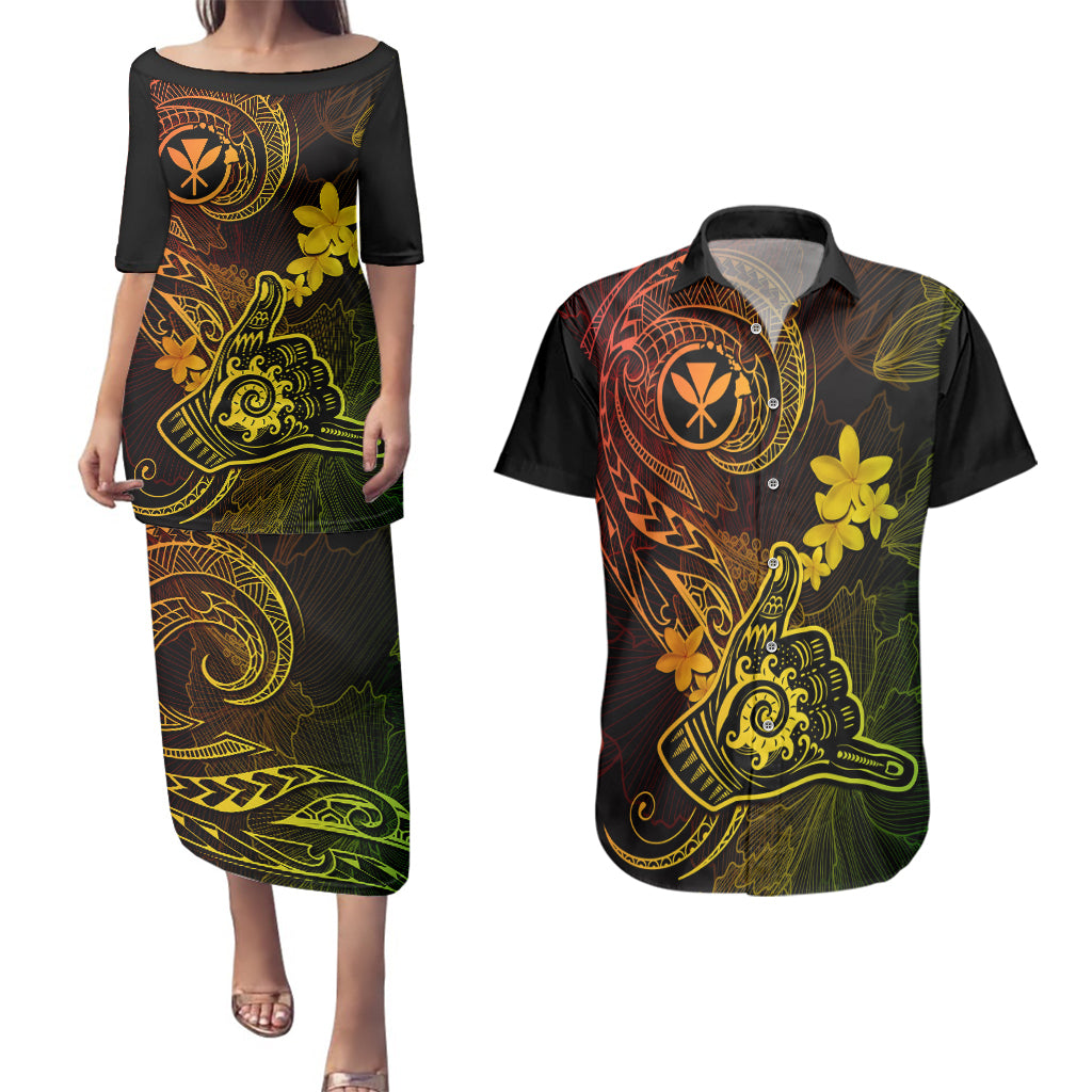 Hawaii Couples Matching Puletasi Dress and Hawaiian Shirt Shaka Tattoo Mix Polynesian Plumeria Reggae Version - Wonder Print Shop