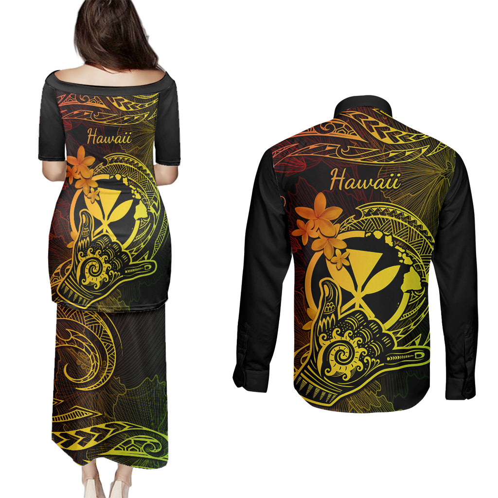 Hawaii Couples Matching Puletasi Dress and Long Sleeve Button Shirts Shaka Tattoo Mix Polynesian Plumeria Reggae Version - Wonder Print Shop