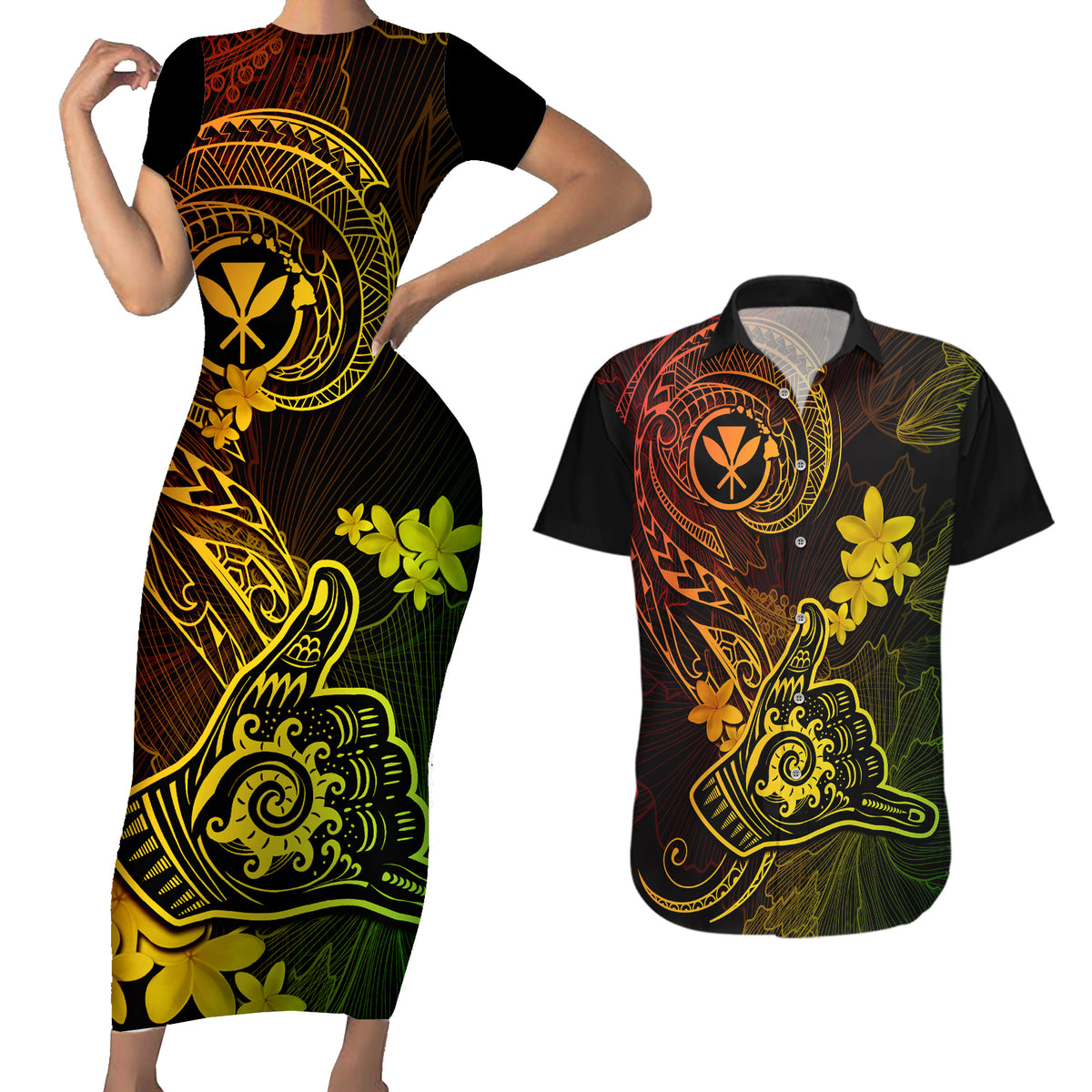 Hawaii Couples Matching Short Sleeve Bodycon Dress and Hawaiian Shirt Shaka Tattoo Mix Polynesian Plumeria Reggae Version - Wonder Print Shop