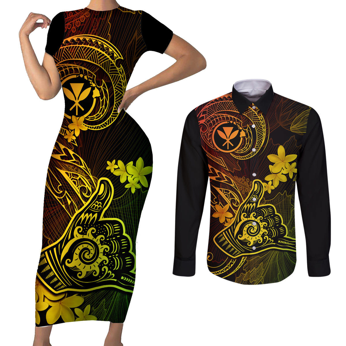 Hawaii Couples Matching Short Sleeve Bodycon Dress and Long Sleeve Button Shirts Shaka Tattoo Mix Polynesian Plumeria Reggae Version - Wonder Print Shop