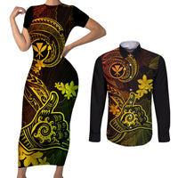 Hawaii Couples Matching Short Sleeve Bodycon Dress and Long Sleeve Button Shirts Shaka Tattoo Mix Polynesian Plumeria Reggae Version - Wonder Print Shop