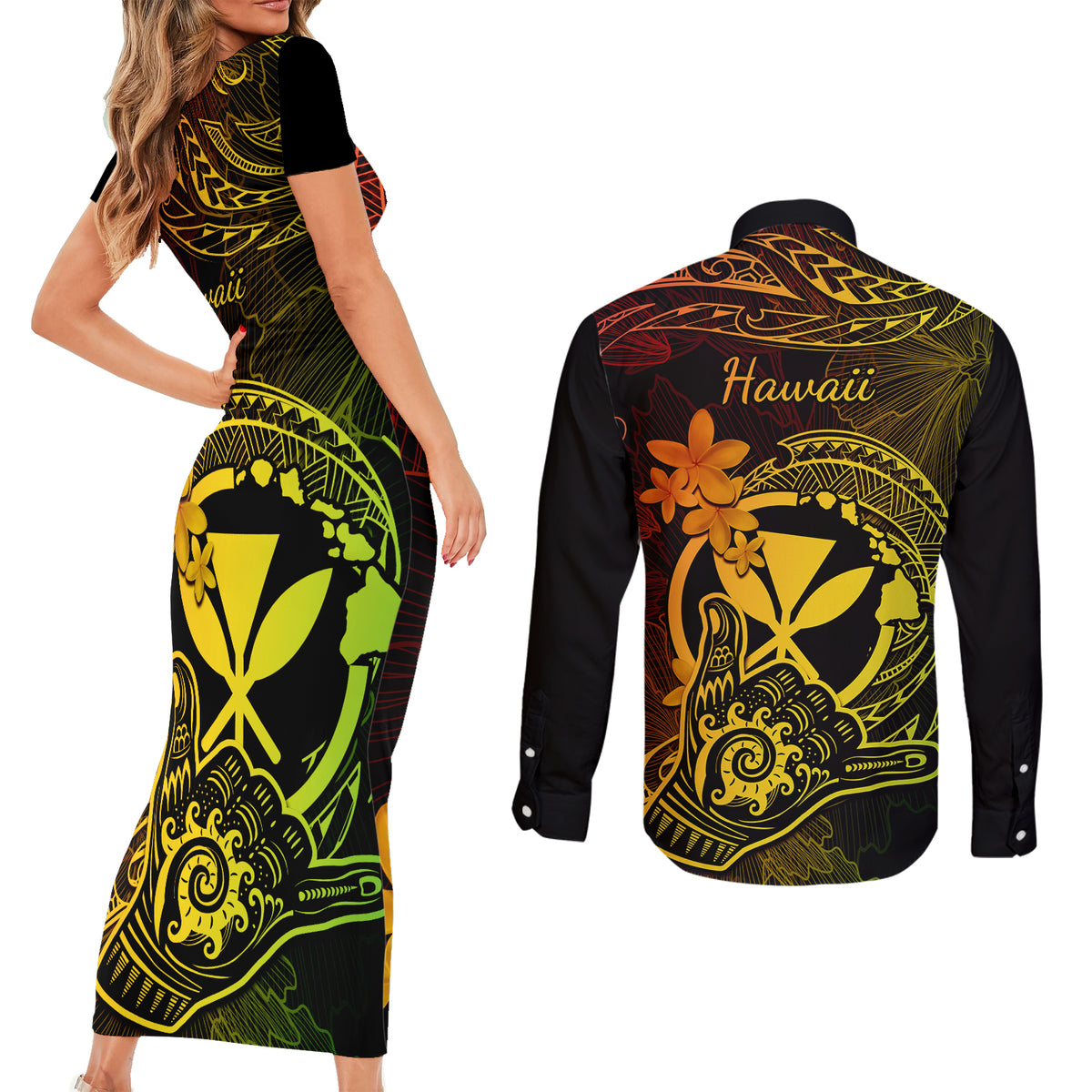 Hawaii Couples Matching Short Sleeve Bodycon Dress and Long Sleeve Button Shirts Shaka Tattoo Mix Polynesian Plumeria Reggae Version - Wonder Print Shop