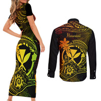 Hawaii Couples Matching Short Sleeve Bodycon Dress and Long Sleeve Button Shirts Shaka Tattoo Mix Polynesian Plumeria Reggae Version - Wonder Print Shop