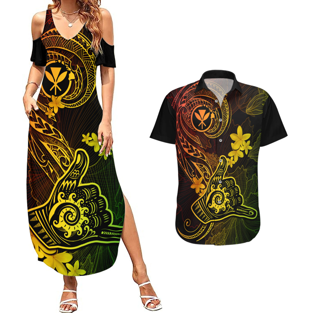 Hawaii Couples Matching Summer Maxi Dress and Hawaiian Shirt Shaka Tattoo Mix Polynesian Plumeria Reggae Version - Wonder Print Shop